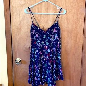 Dark Blue Floral Mini Dress with Laced Up Back